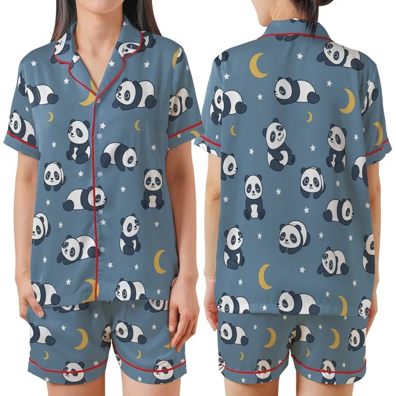 Cozy Panda Print Sleep Set: Whimsical Cartoon Design with Stars & Moons on Blue-Grey Satin Short-Sleeve Pajamas Set - zWVIFIFiEs