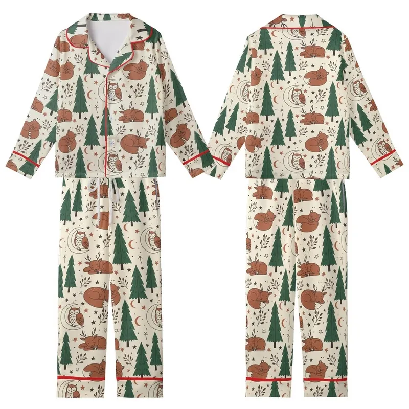 Whimsical Forest Slumber: Hand-Drawn Storybook Woodland Creatures Pattern Kid Satin Pajamas Set - 1