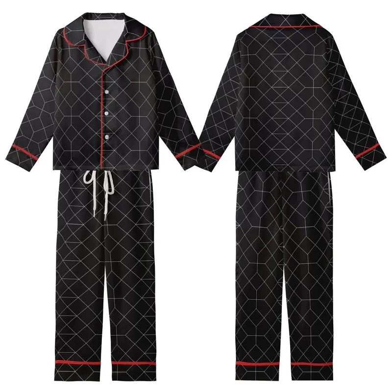 Modern Minimalists' Deep Black Crisp White Geometric Interlocking Grid Pattern Kid Satin Pajamas Set - ef89BWiv4b