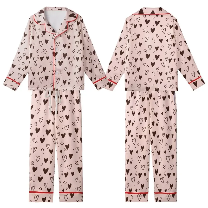 Women's Pajama Set: Playful Pastel Pink Hearts & Dark Brown Dots Sewing Project Kid Satin Pajamas Set - 1