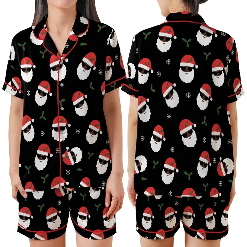 Festive Holiday: Black Santa Sunglass Heads & Holly Pattern - Vector All-Over Print Satin Short-Sleeve Pajamas Set - i2YHrcjxPL