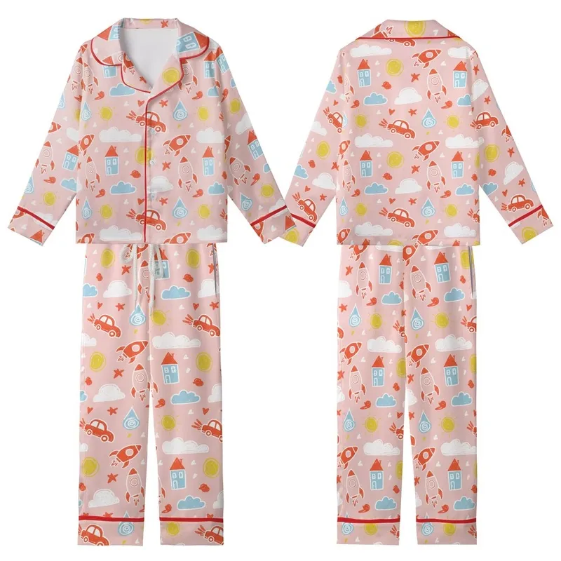 Flower Girl Pink Satin Pajama Set: Whimsical Rocket Sun Chalk Art Design Kid Satin Pajamas Set - 1