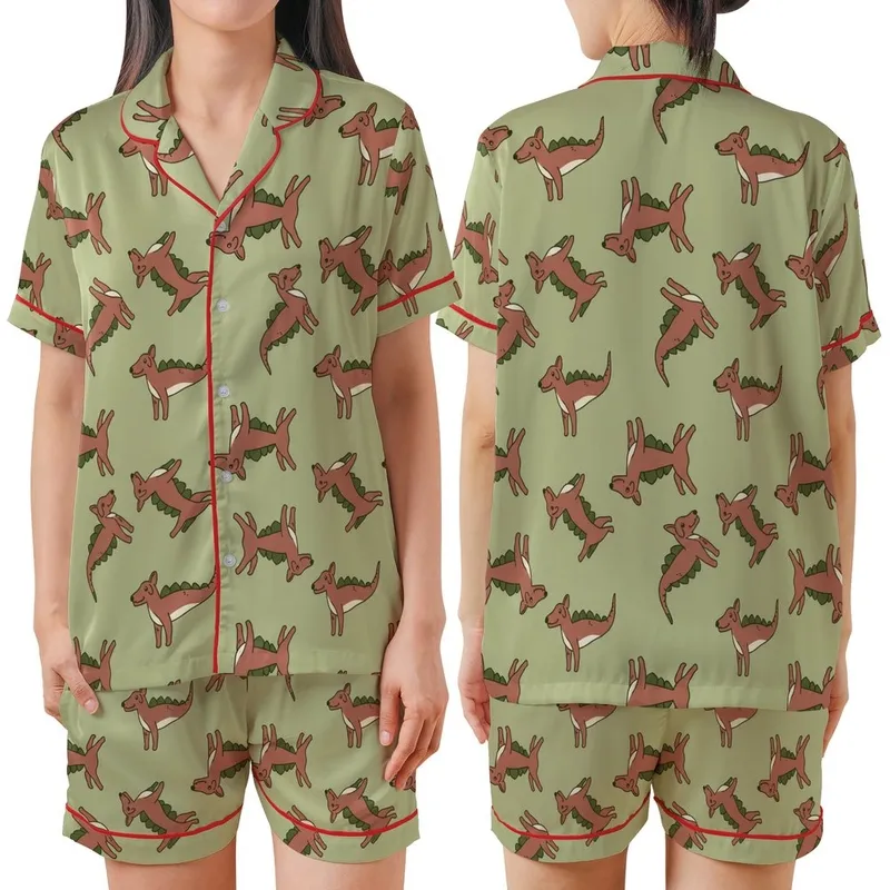 Whippet Dog Pajamas: Stylized Dinosaur-Dog Pattern - Cozy Pet Sleepwear Satin Short-Sleeve Pajamas Set - 1