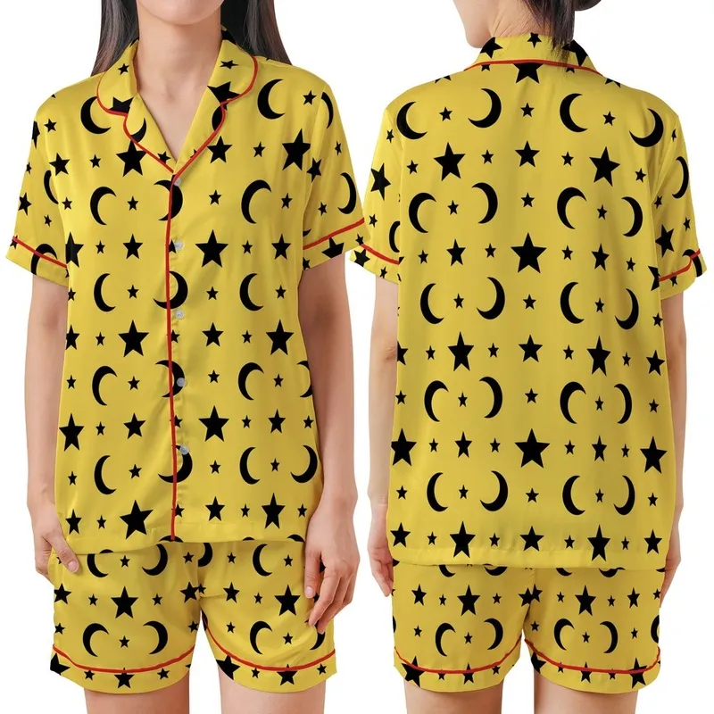 Celestial Enthusiast: Vibrant Lemon Yellow Black Star Moon Seamless Graphic Fashion Accent Satin Short-Sleeve Pajamas Set - tvIxZIJpBa