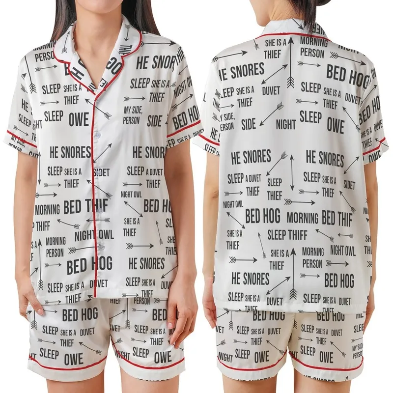 Bed Sharers' Humorous Sleep Quirks Minimalist Charcoal Typographic Rustic Arrow Pattern Satin Short-Sleeve Pajamas Set - frnJ064cKy