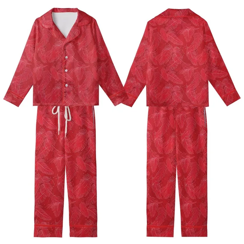 Women's Vibrant Red Ostrich Feather Trim & Plume Pattern Luxurious Sleep Set Kid Satin Pajamas Set - 1