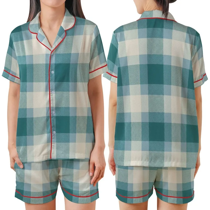 Cozy Style Enthusiasts Muted Sky Blue Buffalo Check and Gingham Plaid Pattern with Teal and Creamy Off-White Satin Short-Sleeve Pajamas Set - 1