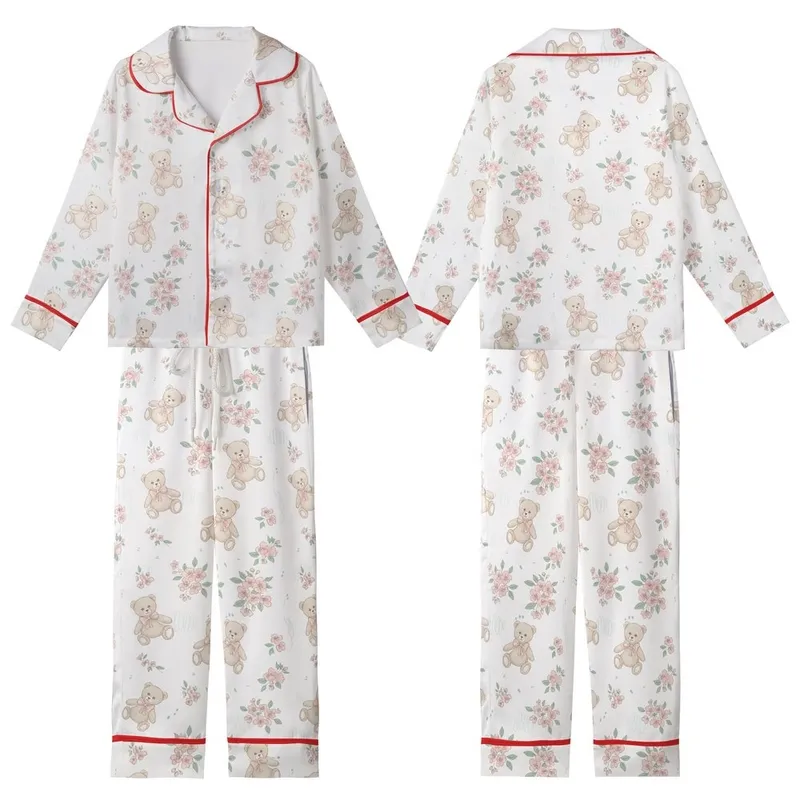 Sweet Style Lovers' Illustrative Classic Teddy Bear Dainty Floral Pale Pink Sage Green Muted Teal Kid Satin Pajamas Set - KXN_Dyx_rY