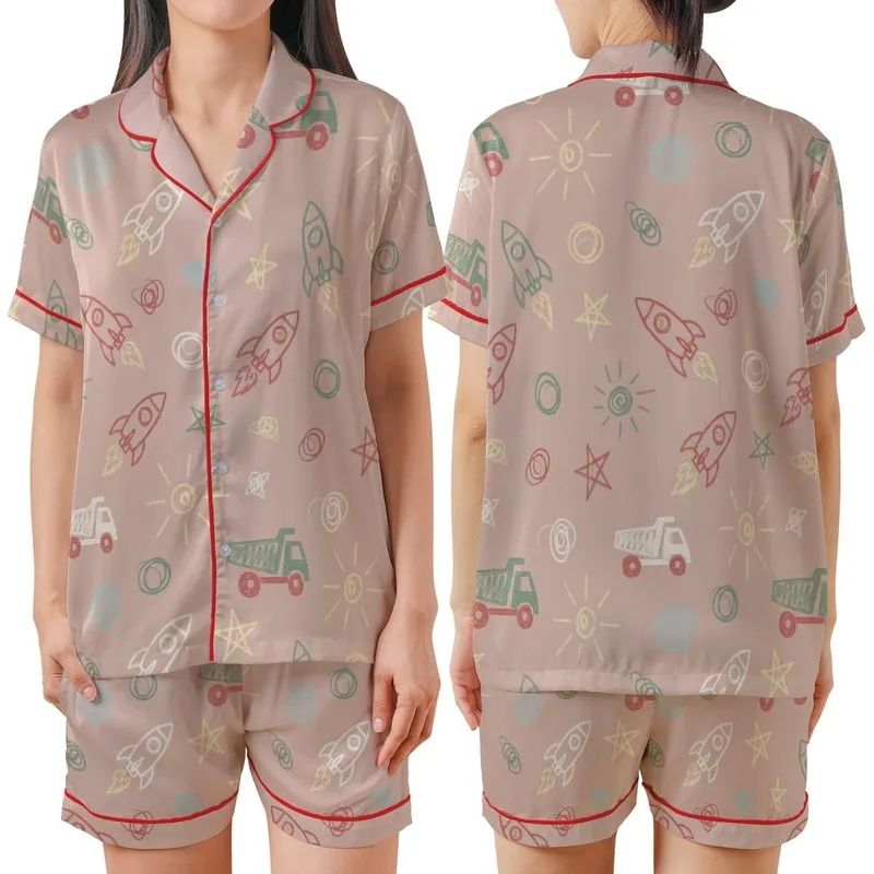 Little One's Whimsical Chalk Drawing Pajamas: Rocket Star Truck Design - Champagne Blush Satin Sleep Set Satin Short-Sleeve Pajamas Set - lvxLkeRODt