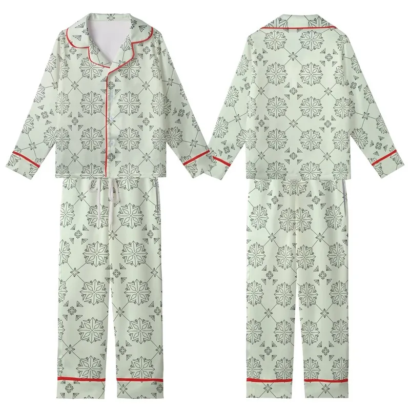 Women's Refined Pale Pistachio Green Black Seamless Interlocking Geometric Botanical Pattern Kid Satin Pajamas Set - 1zOwL9e0jT