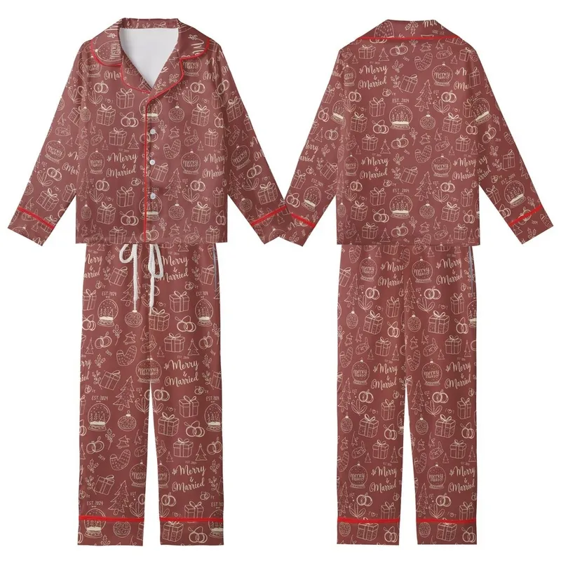 Newlyweds' Whimsical Hand-Drawn Merry & Married Christmas & Wedding Pattern on Muted Brick Red Kid Satin Pajamas Set - 1