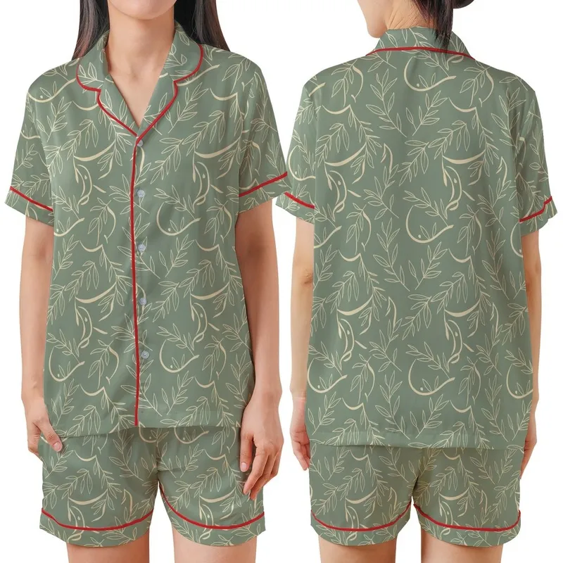Bridesmaid & Bridal Party Satin Pajama Set: Golden Olive Branch Script on Sage Green Satin Short-Sleeve Pajamas Set - N4ZKJ4SP83