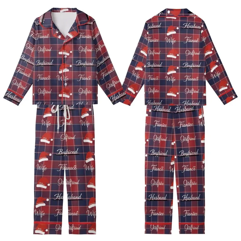 Spouses' Traditional Red Blue Plaid Christmas Design with Husband Wife Script & Santa Hats Kid Satin Pajamas Set - 1