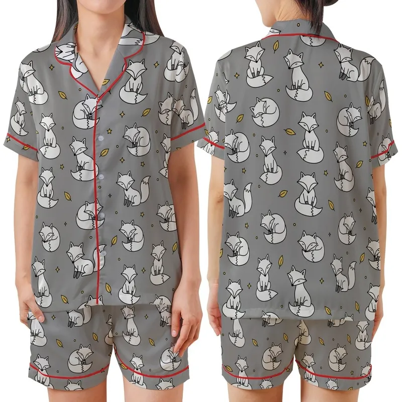 Whimsical Style Fans' Hand-Drawn Playful Cartoon Foxes Muted Grey Mustard Yellow Pattern Satin Short-Sleeve Pajamas Set - 1