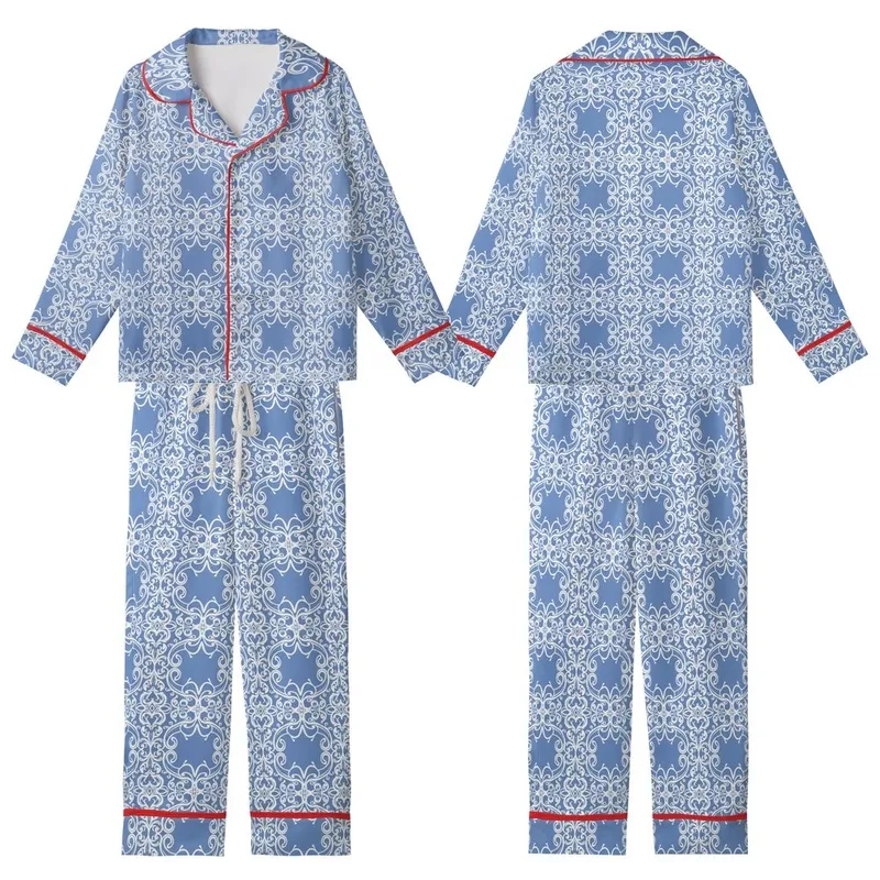 Women's Elegant Dusty Periwinkle Blue White Damask Interlocking Pattern Kid Satin Pajamas Set - 1