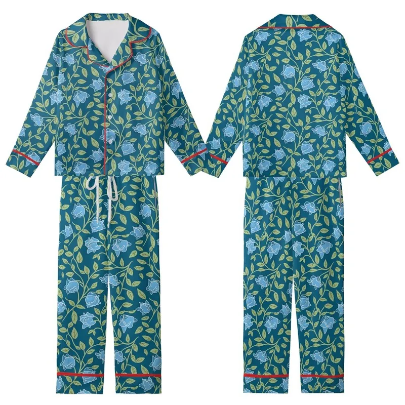 Women's Floral Cotton Sleep Set: Indian Teal Bell Flower Block Print Loungewear Kid Satin Pajamas Set - RECe7qXgUT