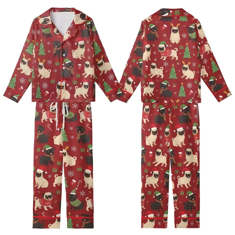 Women's & Pug Lovers Pajamas: Deep Red Christmas Pattern with Santa Hat Pugs & Snowflakes Kid Satin Pajamas Set - 1