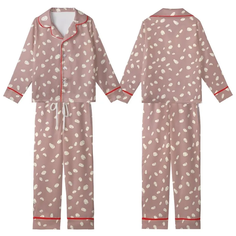 Women's Dusty Rose Minimalist Off-White Hand-Drawn Organic Shapes Pattern Kid Satin Pajamas Set - dh04kVoJZa