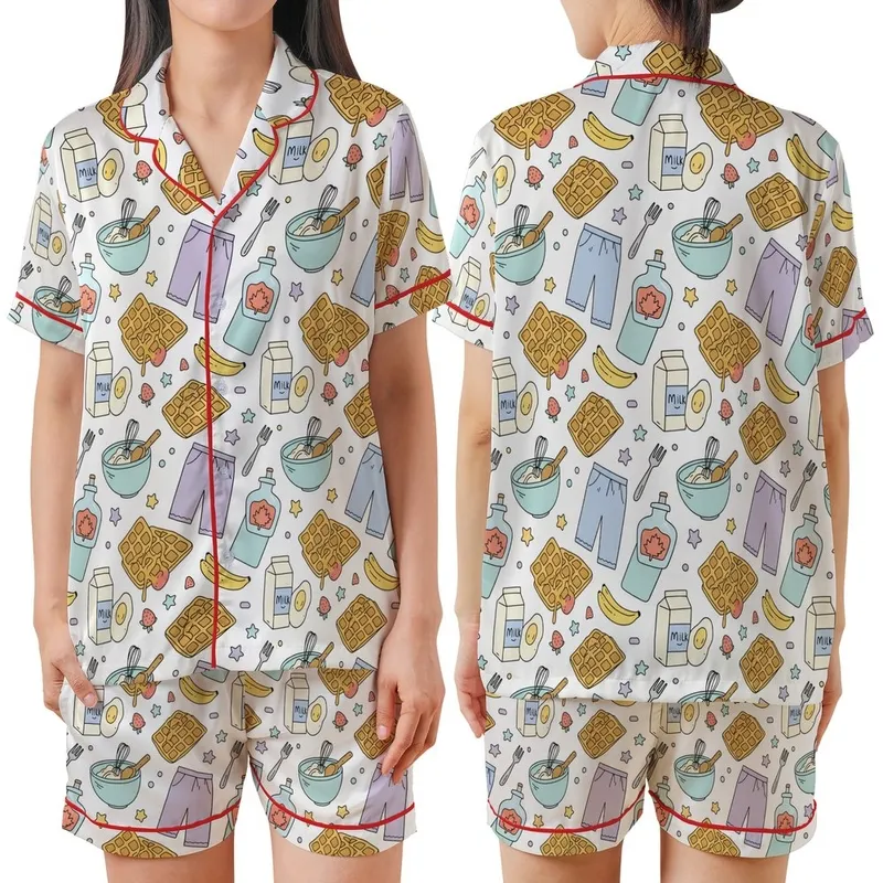 Youthful Enthusiasts' Hand-Drawn Breakfast & Sleepover Seamless Pattern White Pastel Bold Black Outline Satin Short-Sleeve Pajamas Set - YifmXUl_Ri