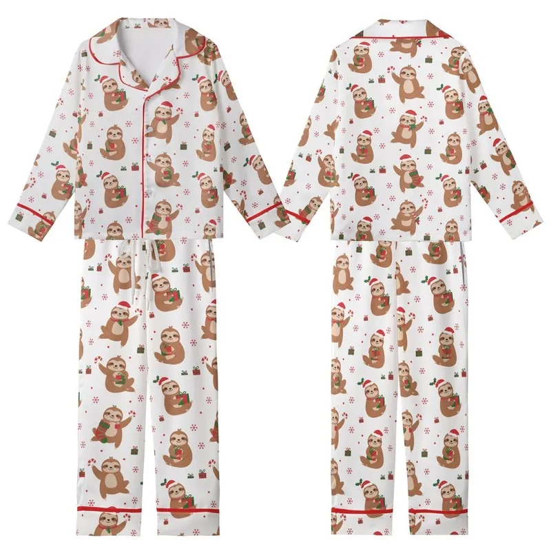 Sloth Lover's Merry Slothmas Sleep Set: All-Over Cartoon Sloth & Santa Hat Polyester Blend Kid Satin Pajamas Set - 1
