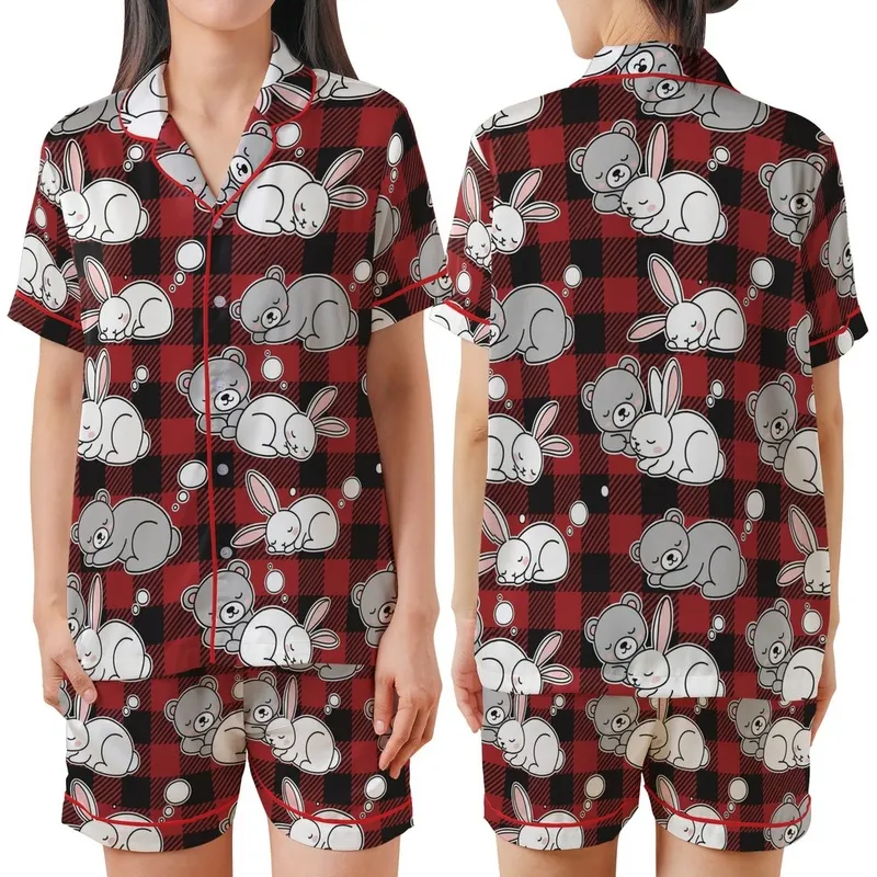 Women's Digital Pajama Sewing Pattern: Buffalo Plaid Bunny Bear Loungewear & Sleepwear Satin Short-Sleeve Pajamas Set - MFUpwCzgBB