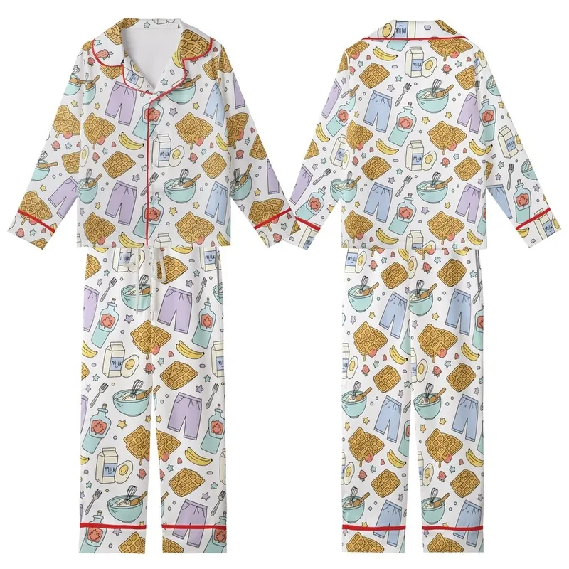 Youthful Enthusiasts' Hand-Drawn Breakfast & Sleepover Seamless Pattern White Pastel Bold Black Outline Kid Satin Pajamas Set - sTBKYI5r5S