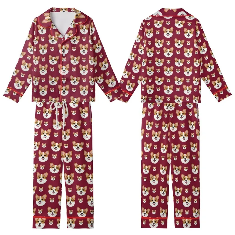 Corgi Lovers' Cheerful Photorealistic Corgi Faces Scattered All-Over Deep Crimson Red Kid Satin Pajamas Set - 1