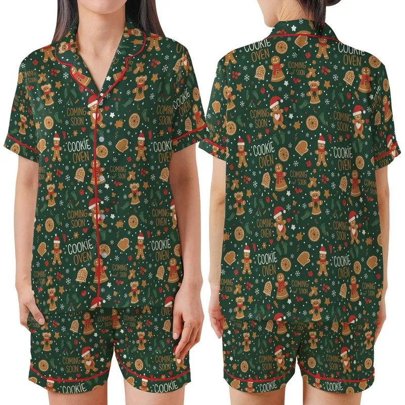 Expecting Parents Christmas Gingerbread Baby Reveal All-Over Pattern Festive Design Satin Short-Sleeve Pajamas Set - vTWIerMBHf