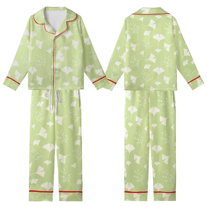Women's Tailored Organic Cotton Loungewear Set: Abstract Botanical Ginkgo, Lime Green Cream Plus Size Sleepwear Kid Satin Pajamas Set - f-3rwKXXBq