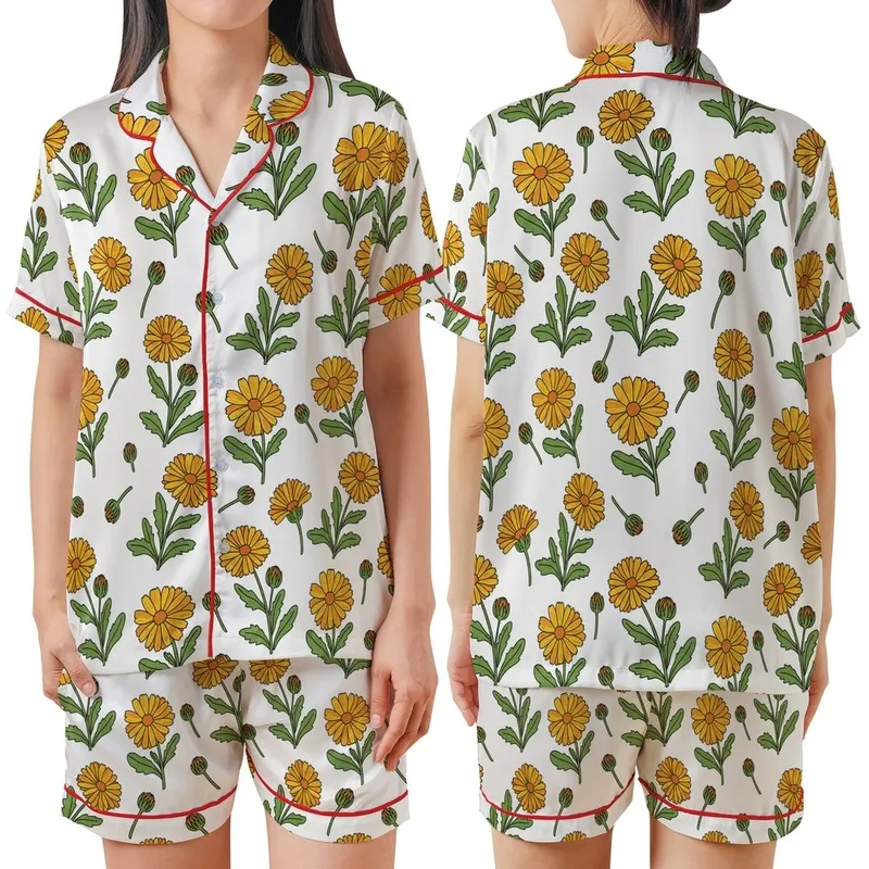 October Celebrants Detailed Marigold Floral Illustration Yellow Orange Green Botanical Print Satin Short-Sleeve Pajamas Set - jwBlwARGW2