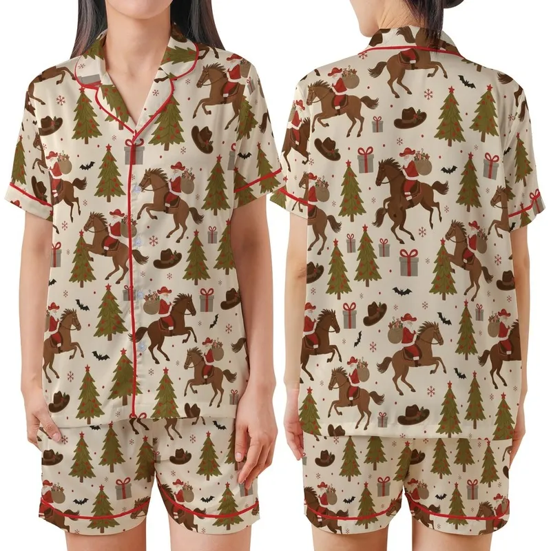 Western Holiday Enthusiast: Rustic Santa Cowboy Horse & Bat Seamless Graphic Print Satin Short-Sleeve Pajamas Set - 8iKJlIyeYK