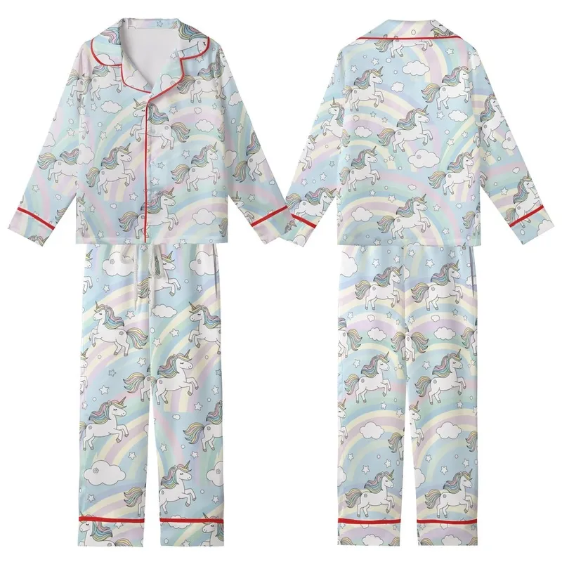Fantasy Lover's Flat Cartoon Unicorn Pastel Rainbow Seamless Pattern Kid Satin Pajamas Set - 1