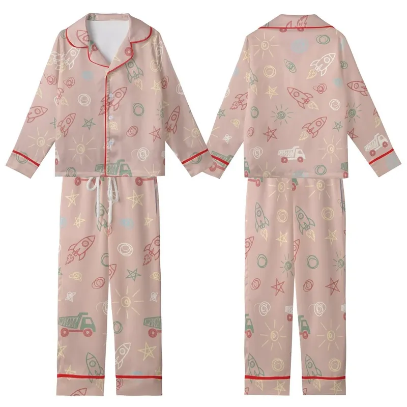 Little One's Whimsical Chalk Drawing Pajamas: Rocket Star Truck Design - Champagne Blush Satin Sleep Set Kid Satin Pajamas Set - OBYcRS-eZ3