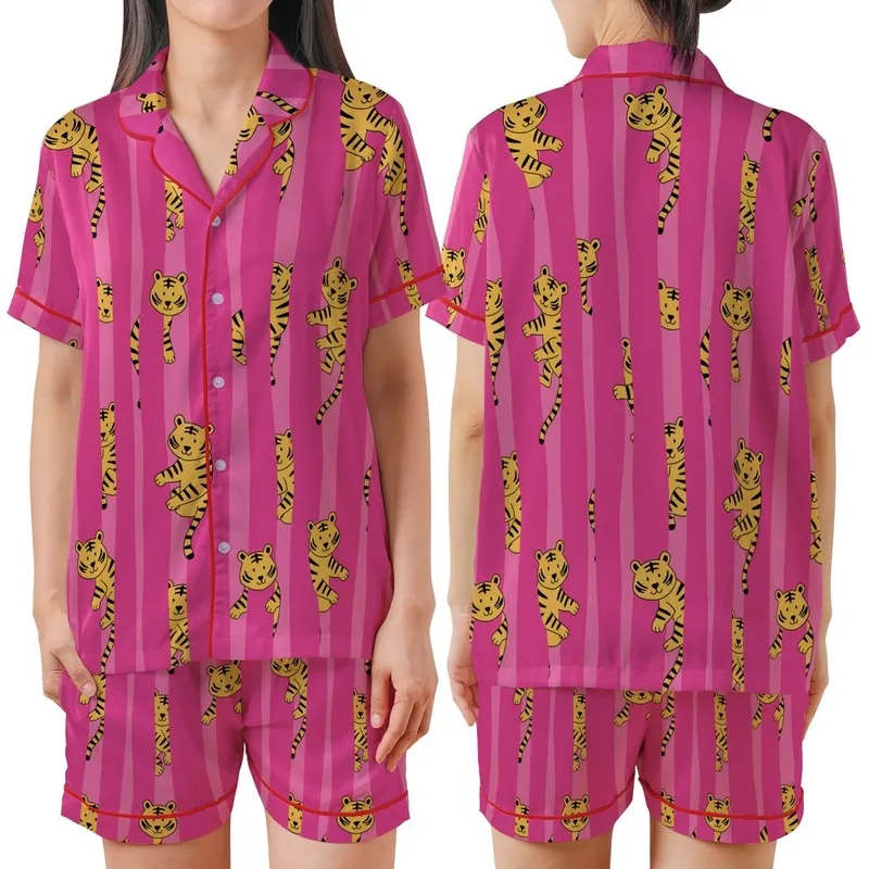 Indian Cotton Women's Fuchsia Pink Hand Block Print Tiger Stripe Pajamas Set Satin Short-Sleeve Pajamas Set - 1