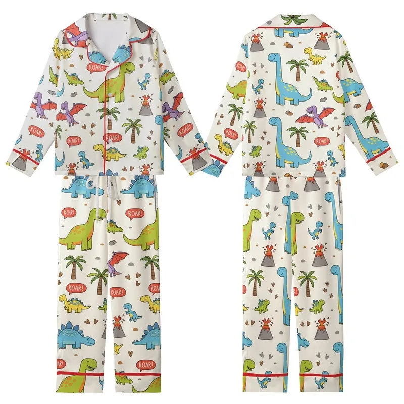 Dinosaur Lovers' Cheerful Cartoon Roar Pattern Bright T-Rex Stegosaurus Brachiosaurus Flat Art Illustration Kid Satin Pajamas Set - 1
