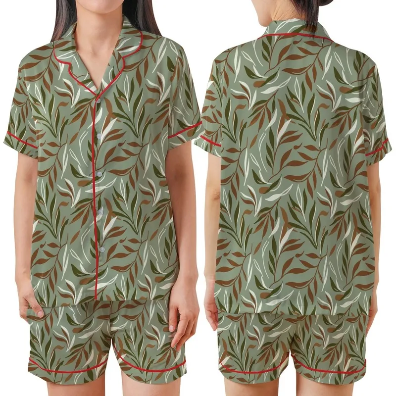 Women's Abstract Botanical Leaf Pattern Linen Sleep Set: Serene Organic Sage Green Loungewear Satin Short-Sleeve Pajamas Set - nW0EvJ8a0K