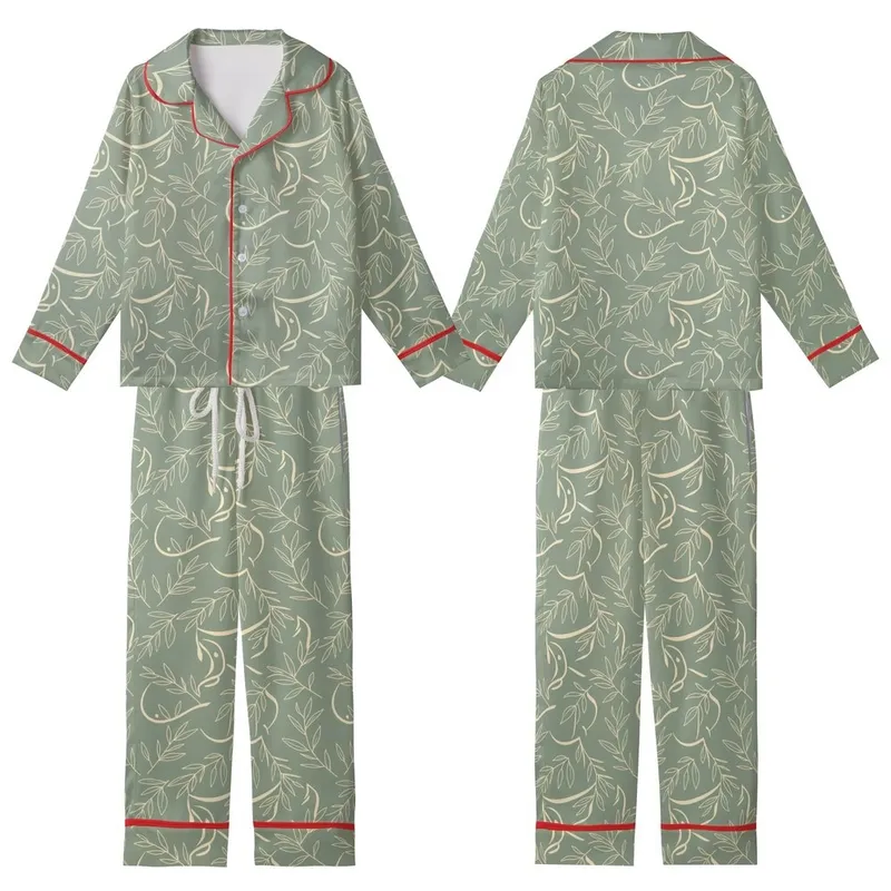 Bridesmaid & Bridal Party Satin Pajama Set: Golden Olive Branch Script on Sage Green Kid Satin Pajamas Set - 1