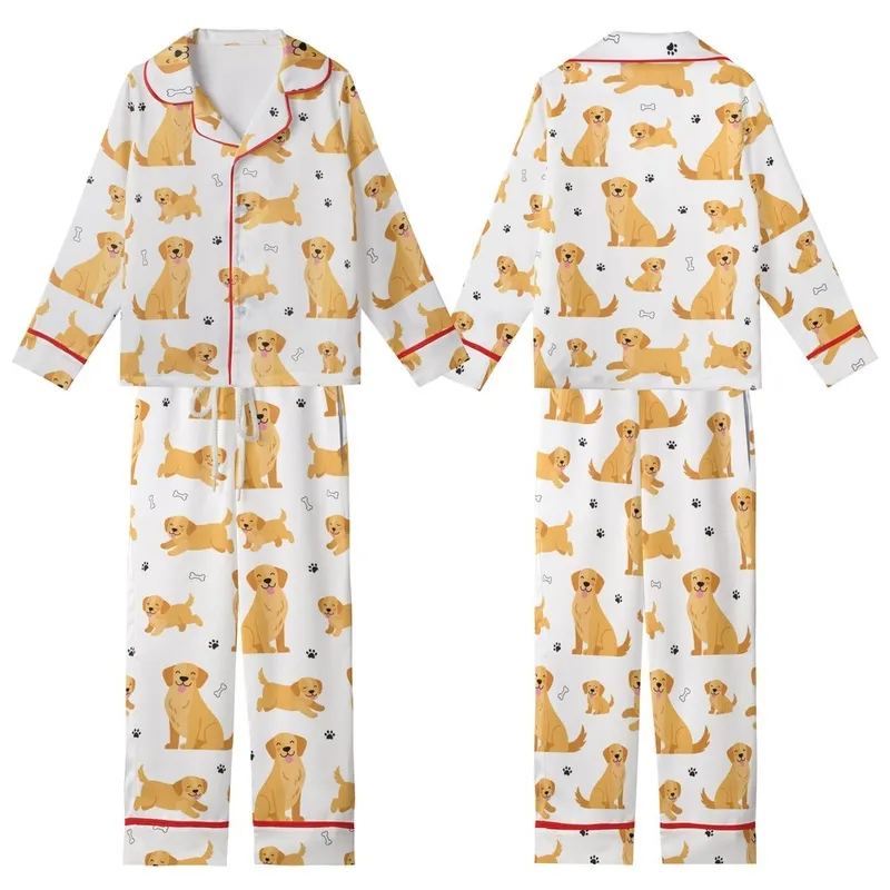 Golden Retriever Dog Lover's Cheerful Puppy & Adult Vector Pattern Soft Sleepwear Ensemble Kid Satin Pajamas Set - qVvLFUcTwr