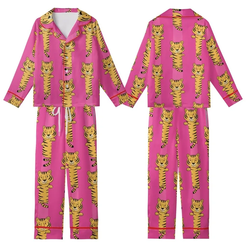 Indian Cotton Women's Fuchsia Pink Hand Block Print Tiger Stripe Pajamas Set Kid Satin Pajamas Set - 1