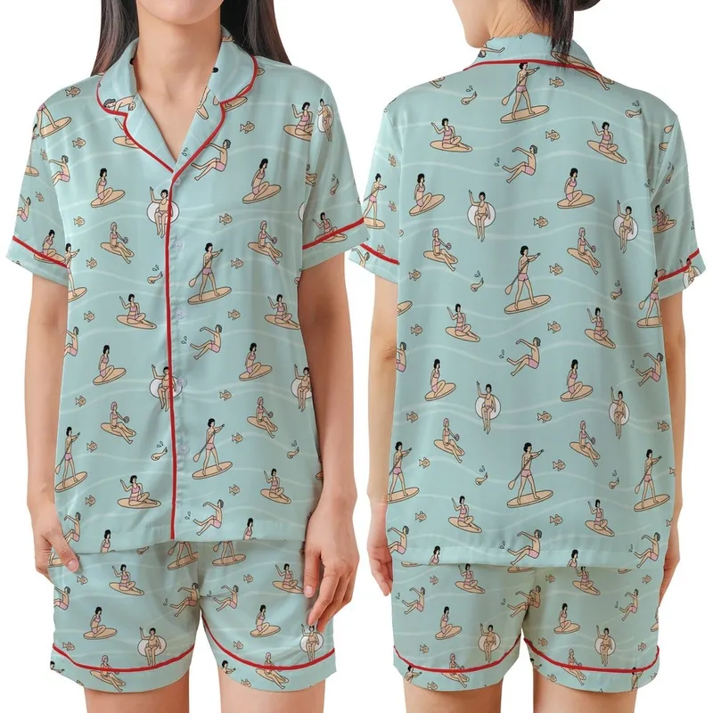Women's Flat Illustrative Aqua Ocean Surfer Satin 2-Piece Sleep Set Satin Short-Sleeve Pajamas Set - 1