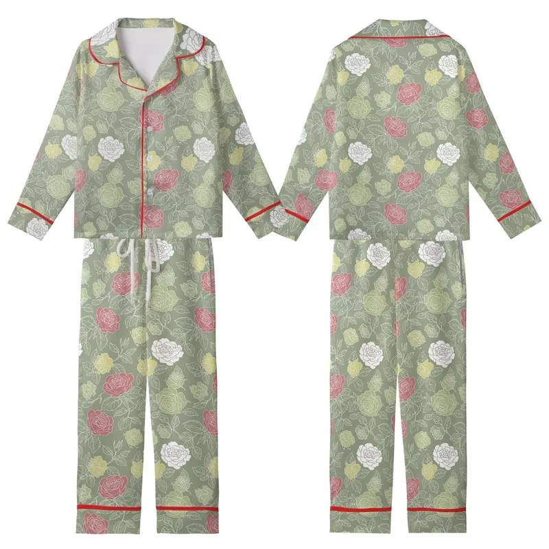 Bridesmaid & Bridal Party Personalized Sage Green Rose Print Satin Long Sleeve Pants Pajamas Set Kid Satin Pajamas Set - ZVmTYJXkPI