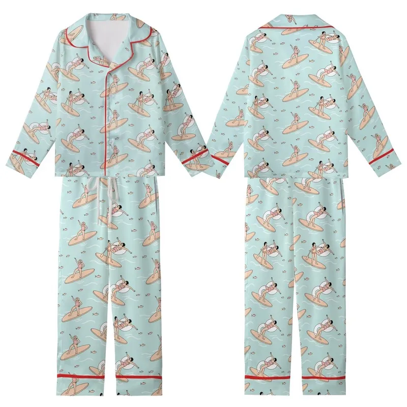Women's Flat Illustrative Aqua Ocean Surfer Satin 2-Piece Sleep Set Kid Satin Pajamas Set - 1