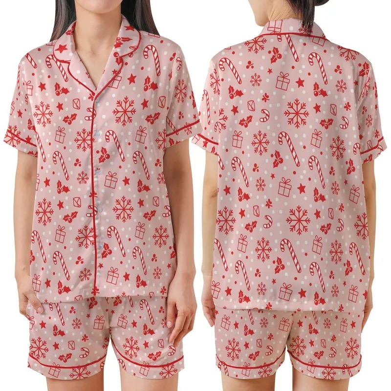 Women's Pastel Pink Candy Cane, Snowflake, & Holly Christmas Loungewear Pajama Set Satin Short-Sleeve Pajamas Set - J37b4x_Rud