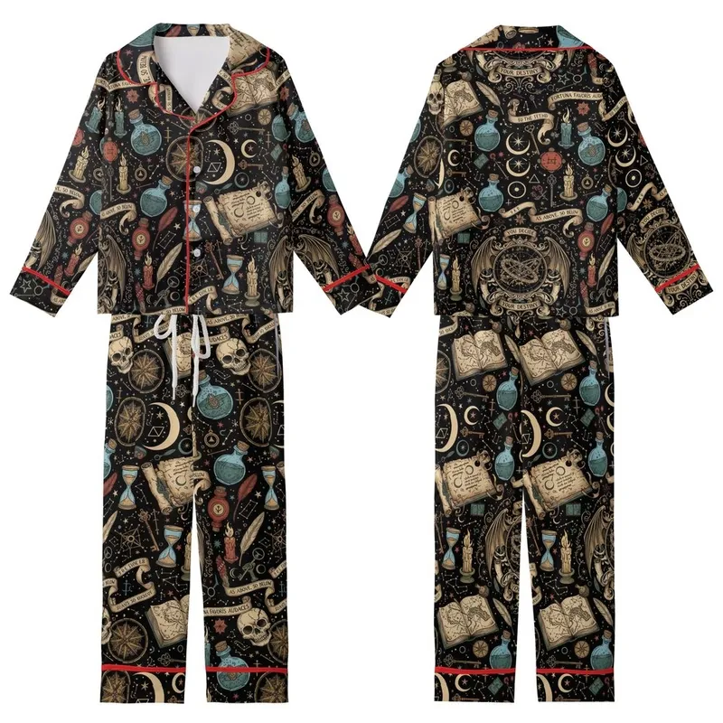 Mystical Art Lovers' Dark Academia Grimoire Celestial Astrolabe Bat Wing Aged Gold Parchment Tan Arcane Pattern Kid Satin Pajamas Set - 1