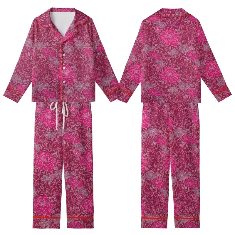 Women's Hand Block Print Fuchsia Floral Peony Rose Cotton Loungewear Set - Indian Inspired Design Kid Satin Pajamas Set - 1