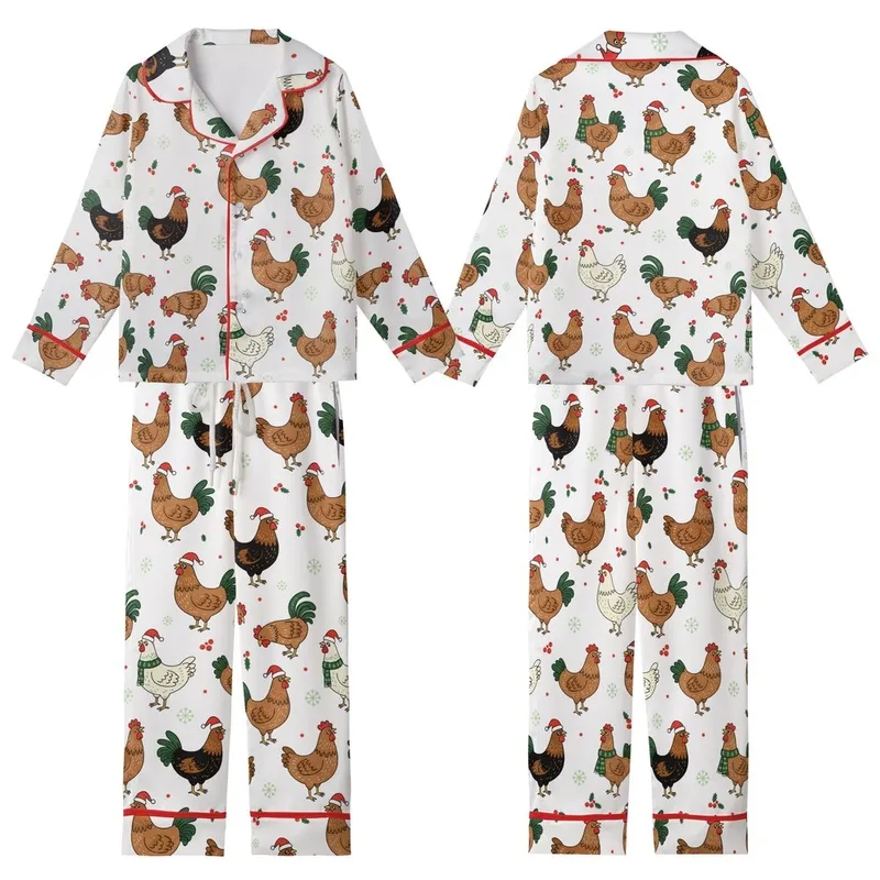 Christmas Enthusiasts' Whimsical Chicken Rooster Red Green Holly Berry Holiday Print Kid Satin Pajamas Set - 1