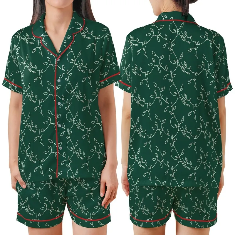 Women's Satin Button-Up Emerald Botanical Pajamas Set - Long Sleeve Sleepwear Satin Short-Sleeve Pajamas Set - Q9MEulk4lp