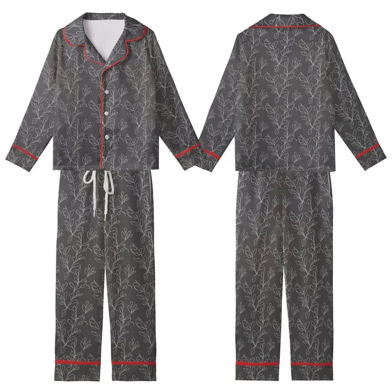 Women's Organic French Linen: Charcoal Abstract Botanical Print - Relaxed Fit Lounge Set Kid Satin Pajamas Set - 1jMxv5uG22