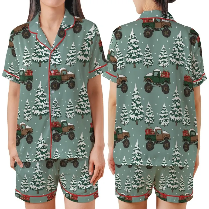 Christmas Fans' Muted Teal Rustic Illustrative Monster Truck Snowy Pine Tree Pattern Satin Short-Sleeve Pajamas Set - QUMLPFD_LN