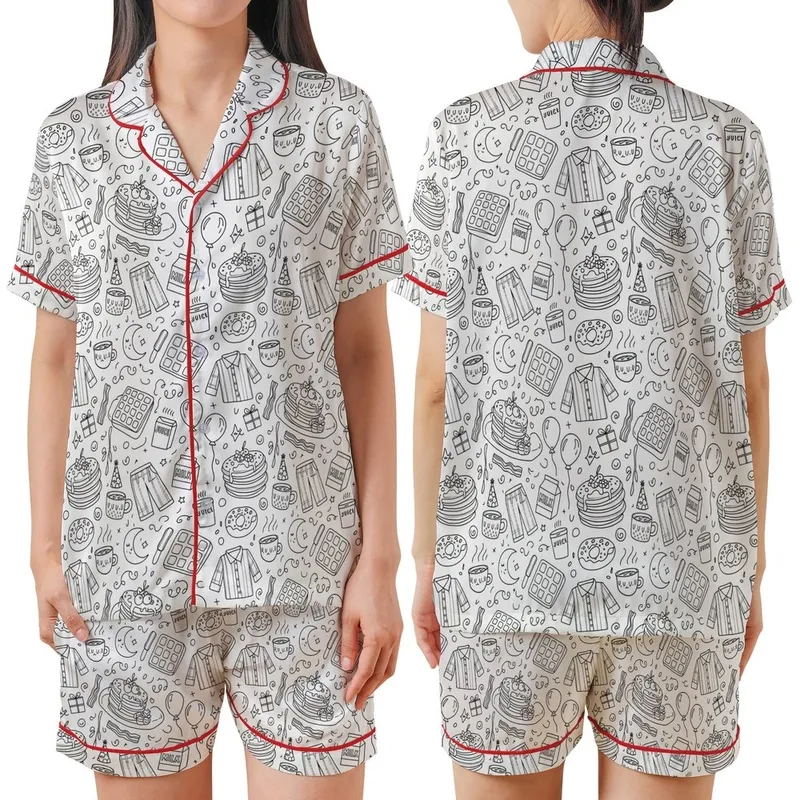 Breakfast Lovers' Whimsical Black Outline Coloring Book Doodle Breakfast & Birthday Party Pattern Satin Short-Sleeve Pajamas Set - k8DT_kevQJ